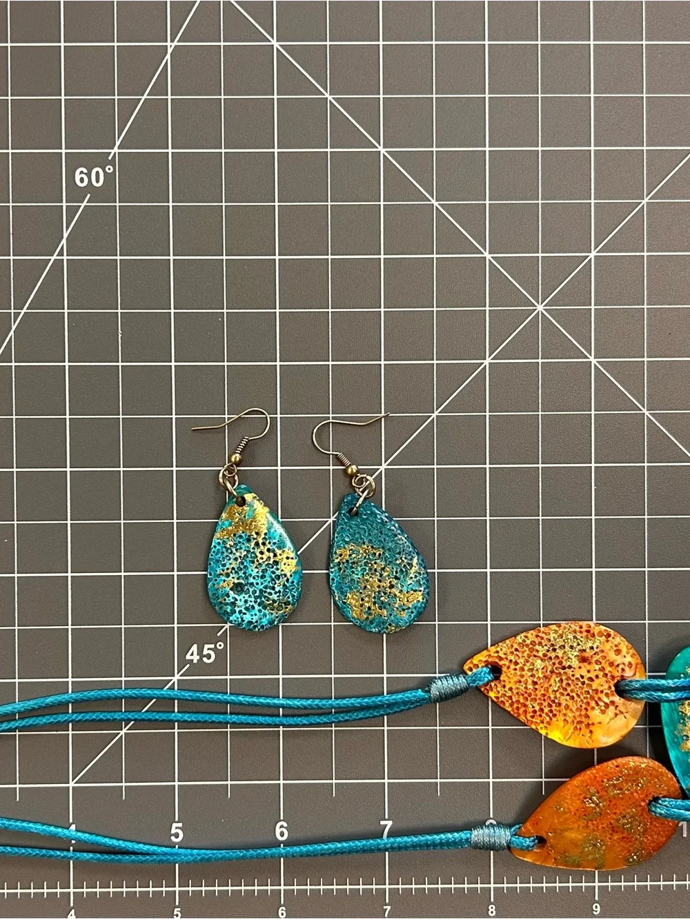 Handcrafted Teal & Orange Statement Necklace and Earring Set